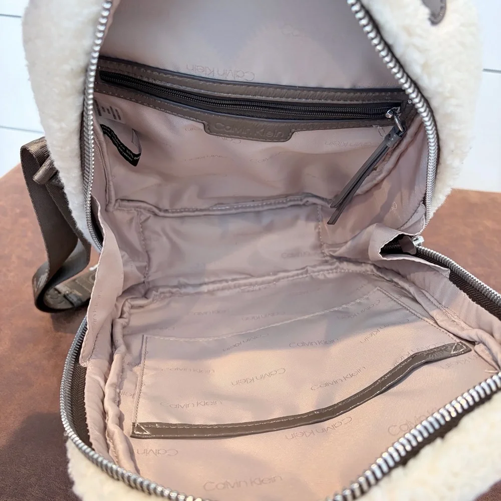 Calvin Klein Teddy Sherpa Mini Backpack Taupe Brown Soft Girl Y2K Chic